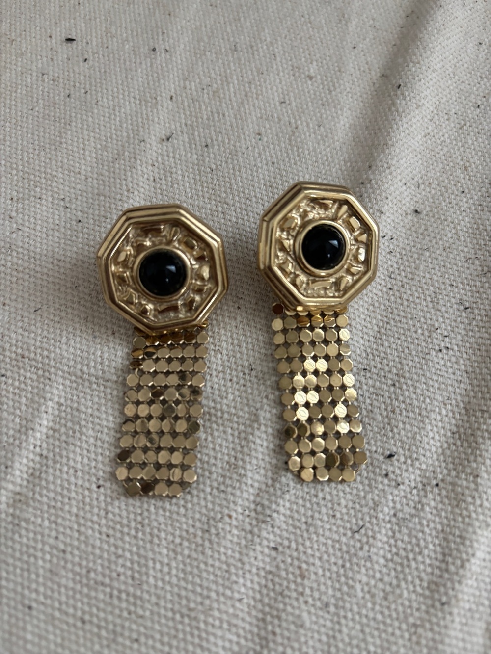 Vintage Rare Whiting & Davis Gold Octagon Drop Earrings with Black Center
